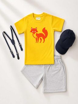 MALKIAT - Kids Yellow Printed Pure Cotton T-Shirt with Shorts & Cap Suspender