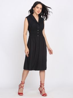 SHAYE - Women Black Shawl Collar Solid Sleeveless Casual Midi Dress