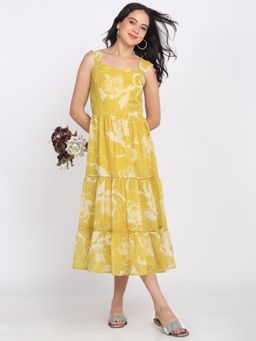 SHAYE - Women Yellow Sweetheart Neck Floral Print Sleeveless Casual Midi Dress