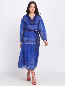 SHAYE - Women Blue Tie Up Neck Floral Print Full Sleeves Casual Maxi Dress
