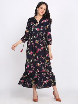 SHAYE - Women Navy Blue Round Neck Floral Three-Quarter Sleeves Casual Maxi Dress