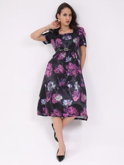 Global Republic - Women Black Polyester Floral Print Square Neck Midi Dress