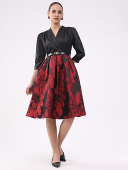 Global Republic - Women Black Satin Floral Print V-Neck Knee Length Dress