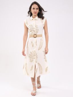 Global Republic - Women Beige Cotton Embroidered Collar Neck Midi Dress