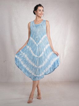 CrossKulture - Women Blue Free Size Viscose Asymmetrical Tie-Dye Midi Dress
