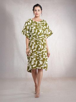 CrossKulture - Women Olive Free Size Soft and Light Weight Knee Length Kaftan Dress