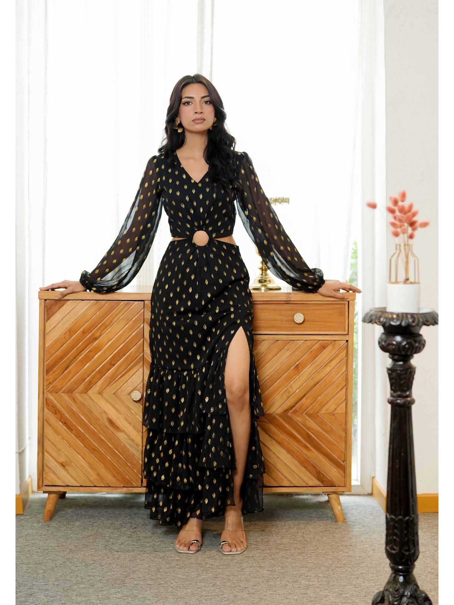 femme sequel Black Gold Foil Chiffon Maxi Dress-picture-23