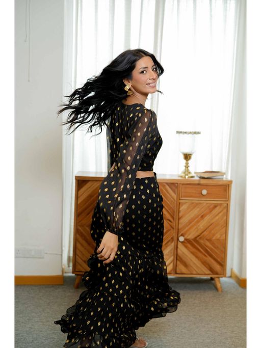 black and gold chiffon maxi dress Mac Duggal Women's Embellished Crepe Gown with Chiffon Cape Sleeves - Black - Size 12