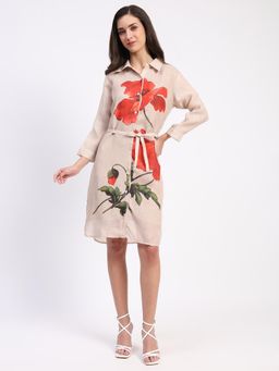 Global Republic - Women Beige Floral Print Knee Length Shirt Dress