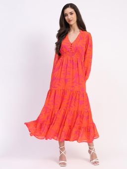 Global Republic - Women Pink Abstract Print Maxi Fit and Flare Tiered Dress