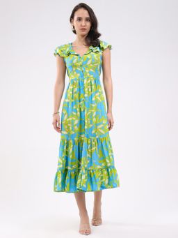 Global Republic - Women Blue Viscose Rayon Abstract Print V-Neck Midi Dress