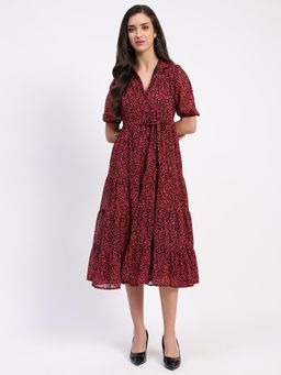 Global Republic - Women Red Floral Print Midi Fit and Flare Tiered Dress
