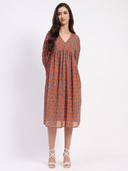 Global Republic - Women Orange Abstract Print Midi Fit and Flare Empire Line Dress