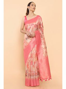 Soch - Women Coral Cotton Printed Saree with Unstitched Blouse