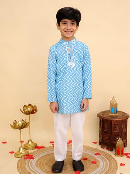 AJ Dezines - Yellow Cotton Full Sleeves Zig-Zag Printed Kurta & Pyjama For Boys