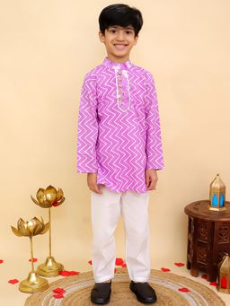AJ Dezines - Purple Cotton Full Sleeves Zig-Zag Printed Kurta & Pyjama For Boys