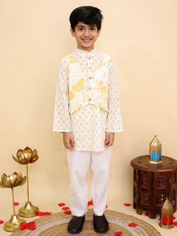 AJ Dezines - Mustard Cotton Full Sleeves Floral Print Kurta & Pyjama