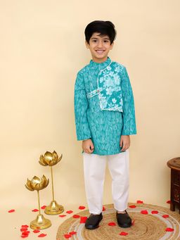 AJ Dezines - Blue Cotton Full Sleeves Floral Print Kurta & Pyjama