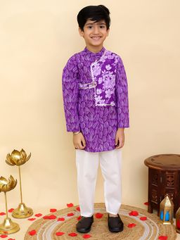 AJ Dezines - Purple Cotton Full Sleeves Floral Print Kurta & Pyjama