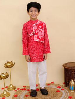 AJ Dezines - Red Cotton Full Sleeves Floral Print Kurta & Pyjama