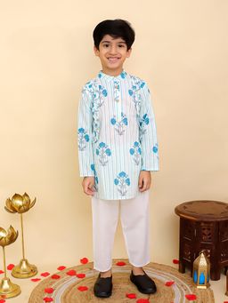 AJ Dezines - Blue Cotton Full Sleeves Floral Print Kurta & Pyjama