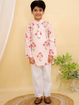 AJ Dezines - Red Cotton Full Sleeves Floral Print Kurta & Pyjama