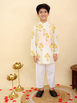 AJ Dezines - Mustard Cotton Full Sleeves Floral Print Kurta & Pyjama