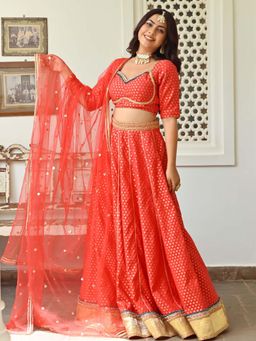 Lavanya The Label - Red Brocade Lehenga (Set of 3)