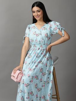 SHOWOFF - Womens V-Neck Maxi Blue Floral Dress