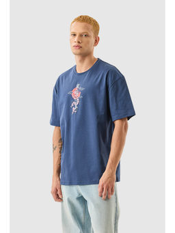 Snitch - Navy Blue Graphic Half Sleeves Oversized Casual T-Shirt