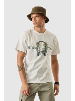 Snitch - Off White Graphic Half Sleeves Slim Casual T-Shirt