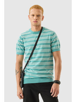 Snitch - Turquoise Striped Half Sleeves Slim Casual T-Shirt