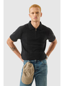 Snitch - Black Textured Half Sleeves Slim Casual Polo T-Shirt