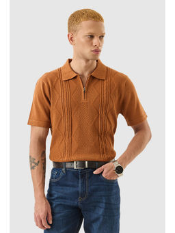 Snitch - Terracotta Textured Half Sleeves Slim Casual Polo T-Shirt