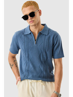 Snitch - Blue Textured Half Sleeves Slim Casual Polo T-Shirt