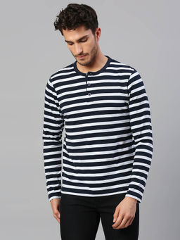 Dennis Lingo - Men Navy Blue Stripes Henley Neck T-Shirt