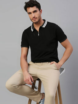 Dennis Lingo - Men Black Solid Collar Neck Polo T-Shirt
