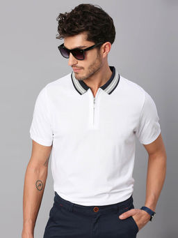 Dennis Lingo - Men White Solid Collar Neck Polo T-Shirt
