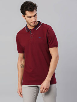 Dennis Lingo - Men Wine Solid Collar Neck Polo T-Shirt