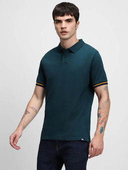 Dennis Lingo - Men Teal Solid Collar Neck Polo T-Shirt