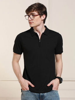 Dennis Lingo - Men Black Solid Collar Neck Polo T-Shirt