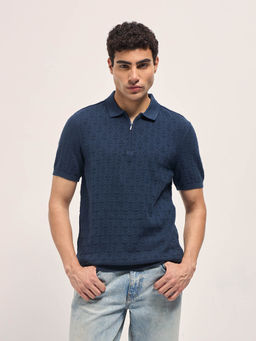 The Bear House - Mens Blue Slim Fit Textured Cotton Polo T-Shirt