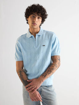 The Bear House - Mens Blue Regular Fit Textured Cotton Polo T-Shirt
