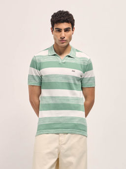 The Bear House - Mens Green Slim Fit Stripes Cotton Polo T-Shirt