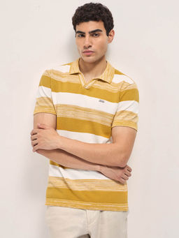 The Bear House - Mens Mustard Slim Fit Stripes Cotton Polo T-Shirt