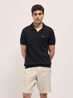 The Bear House - Mens Black Slim Fit Textured Cotton Polo T-Shirt
