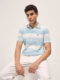The Bear House - Mens Blue Slim Fit Stripes Cotton Polo T-Shirt