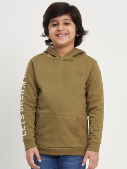 Purple United Kids - Boys Olive Typography Full Sleeves Hooded Sweatshirt