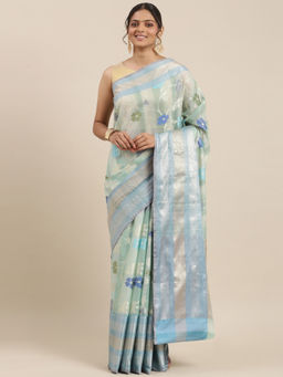 Banarasi Silk Works - Turquoise Blue Matka Silk Tilfi Jaal Skirt Border Saree with Unstitched Blouse
