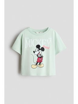 H&M - Girls Green Print-Motif Cotton T-Shirt